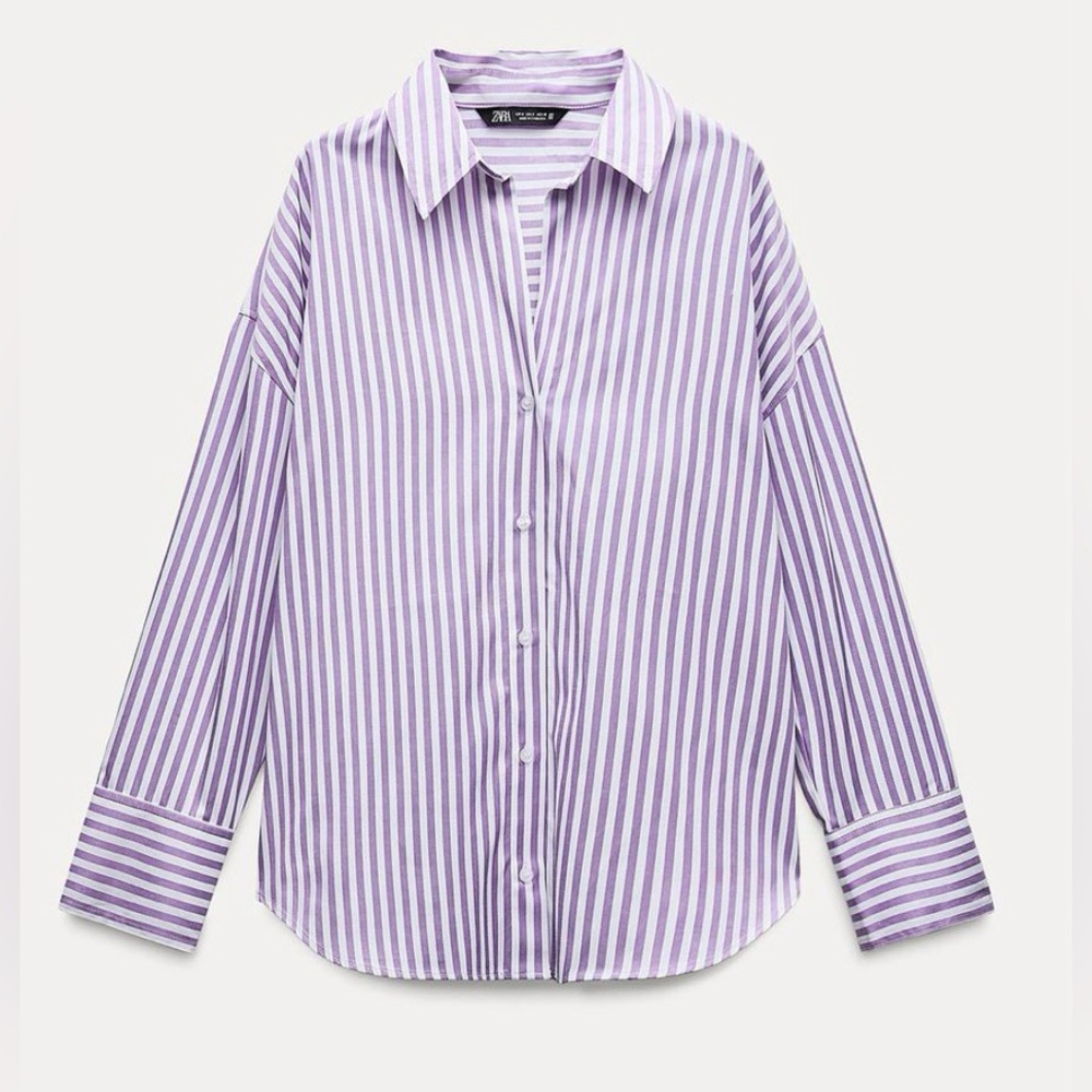 Zara Lilac & White Striped Poplin Button Front Shirt | Long  Sleeves | S | NWT - Picture 3 of 10